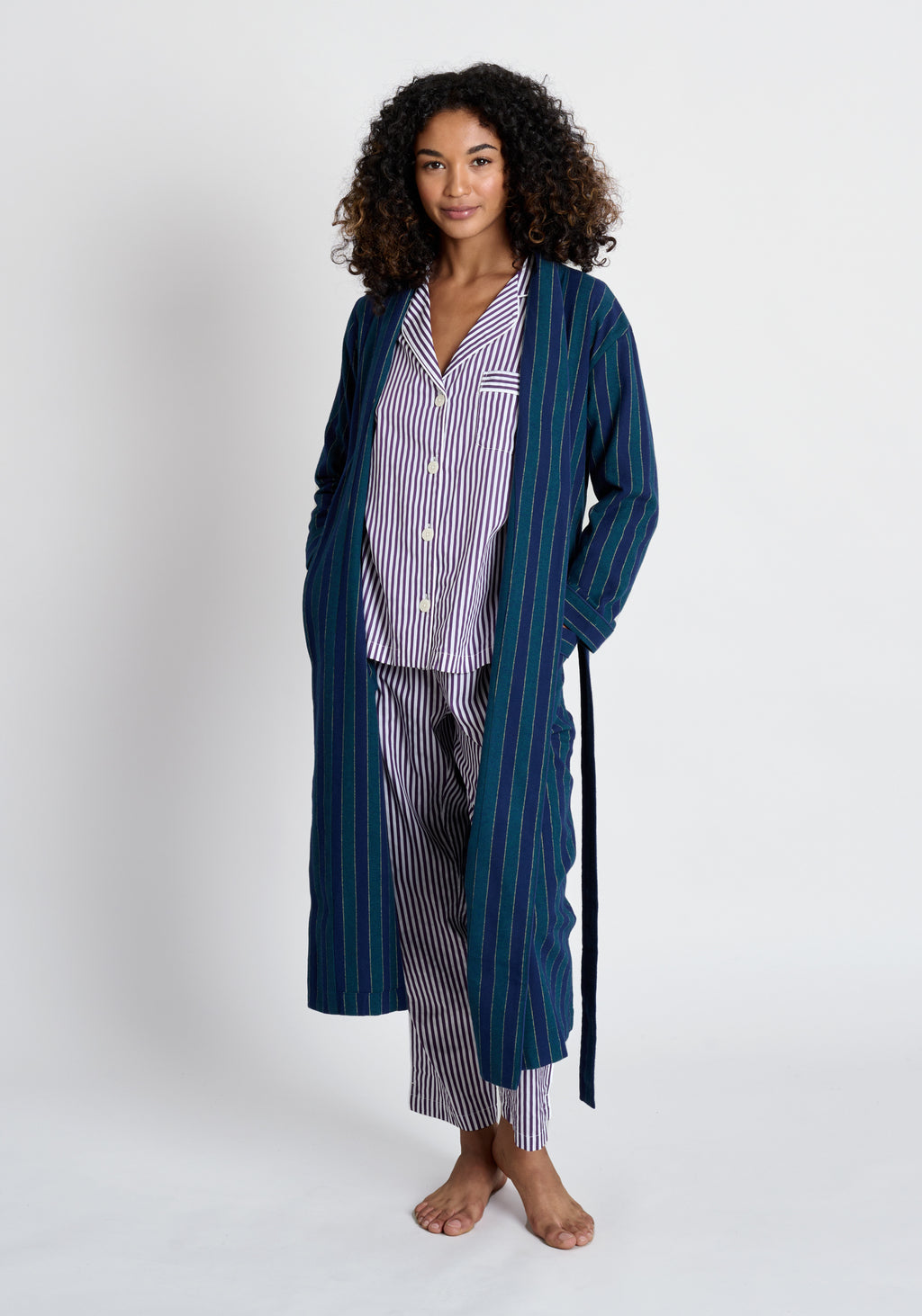 SLEEPY JONES Marianne Long Robe in Green, Navy, and Gold Flannel