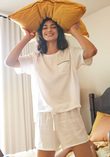 SLEEPY JONES | Washable Silk Leonora Short Set in White - Women's Loungewear Sets