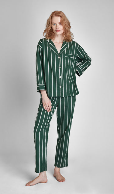 Marina Pajama Set in Hunter & Cream Sateen Stripe