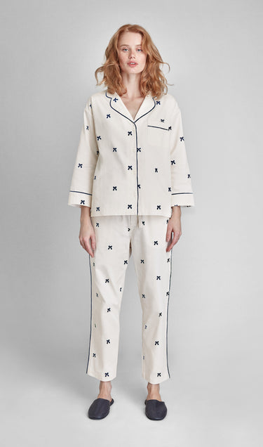 Marina Pajama Set in Navy Embroidered Bows