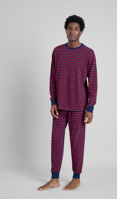 Keith Lounge Set in Navy and Red Stripe Slub Jersey