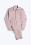 Striped burgundy and white pajama set with blue piping on a light grey background.