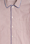 Close-up of a burgundy and white striped pajama shirt with blue trim.