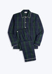 Navy and green blackwatch plaid pajama set on a grey background