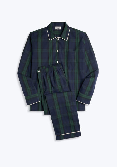 Navy and green blackwatch plaid pajama set on a grey background