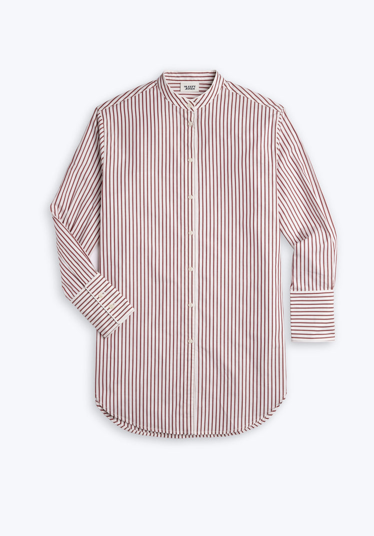 Burgundy and white striped shirtdress with a band collar on a white background