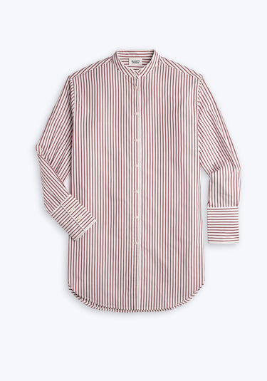 Burgundy and white striped shirtdress with a band collar on a white background