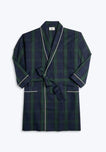 Navy and green blackwatch plaid robe with white piping on a light gray background