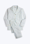 Light blue, white, and tan striped pajama set on a white background