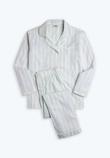 Light blue, white, and tan striped pajama set on a white background