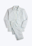 Blue pajama set  with cream and white stripes on a white background