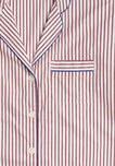 Close-up of the collar and chest pocket of a burgundy and white striped pajama shirt with blue piping.