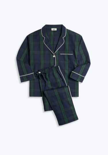 Longsleeve Navy and green blackwatch plaid pajama set with white piping on a light gray background