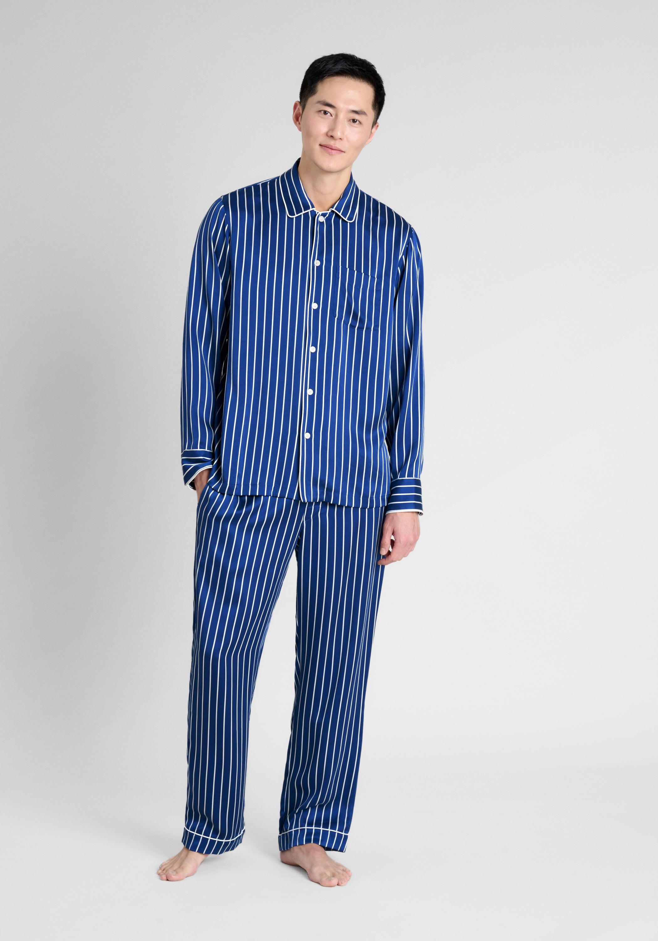SLEEPY JONES | Washable Silk Henry Pajama Set in Blue & White Tie 