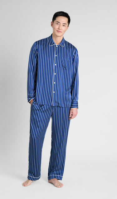 Washable Silk Henry Pajama Set in Blue & White Tie Stripe