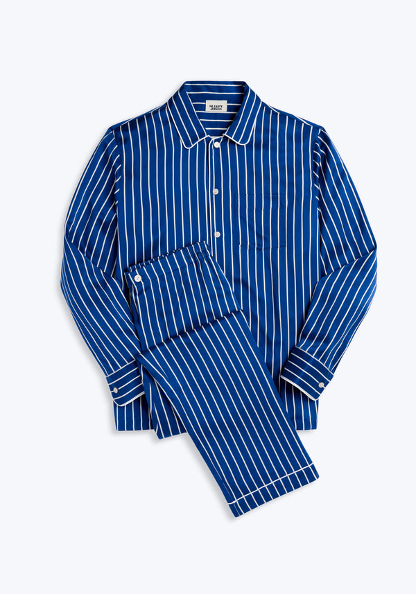 Washable Silk Henry Pajama Set in Blue & White Tie Stripe
