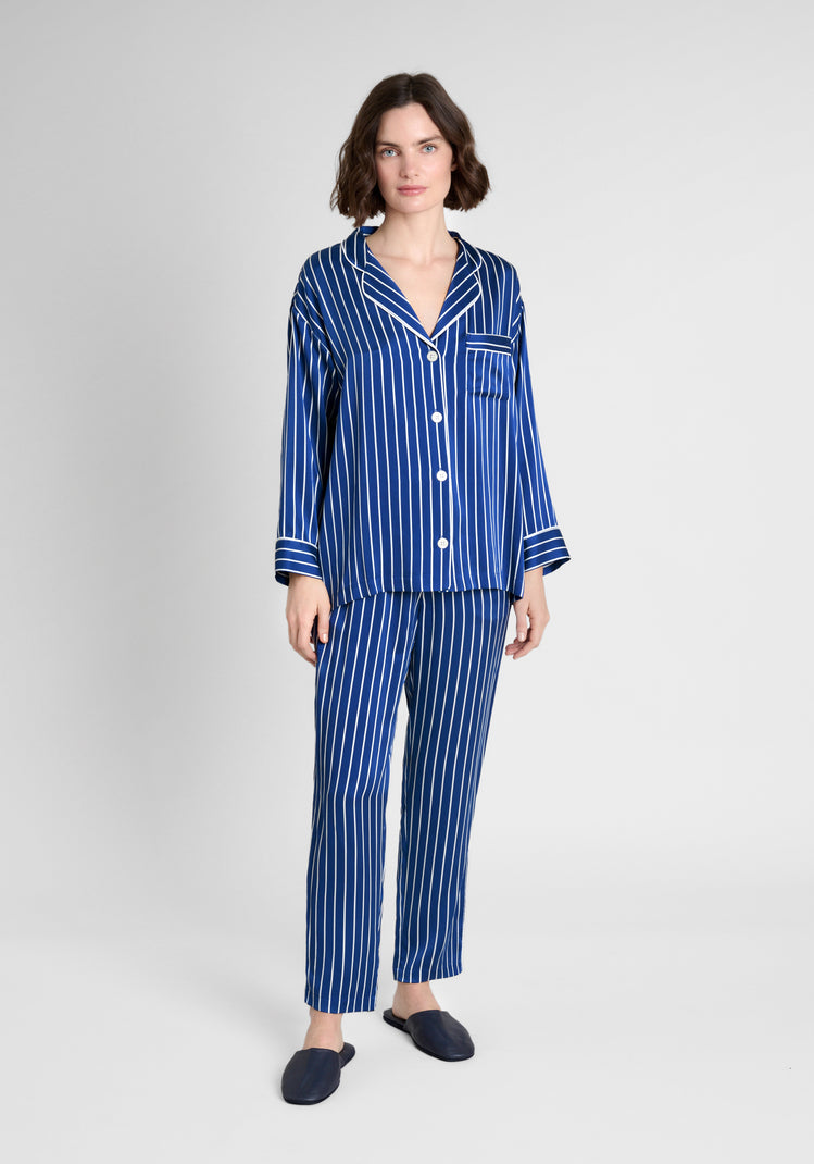 SLEEPY JONES  Washable Silk Marina Pajama Set in Blue & White Tie