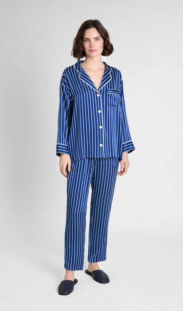 Washable Silk Marina Pajama Set in Blue & White Tie Stripe