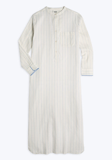 A long, cream kaftan with light blue stripes and blue trim around the collar and sleeves, lying flat on a plain background.