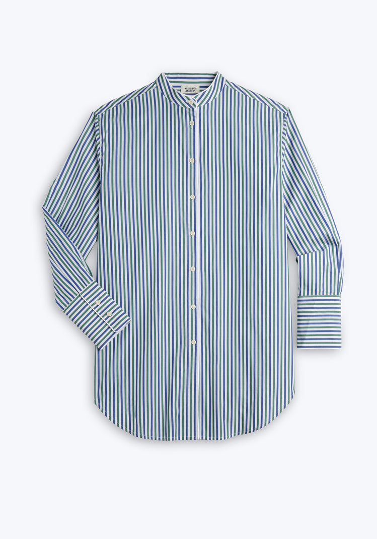 Jo Band Collar Nightdress in Green & Blue Multistripe