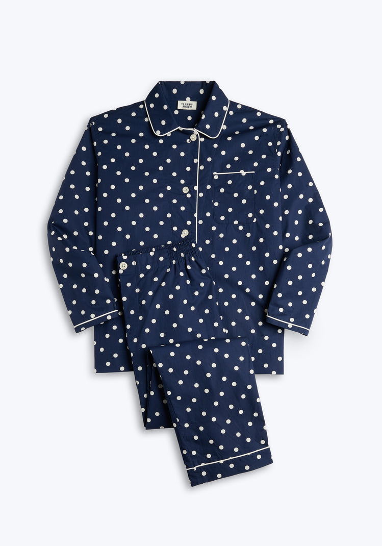 Bishop Pajama Set in Navy Polka Dot