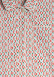 image of the placket area of a red, blue, and green floral patterned pajama shirt 