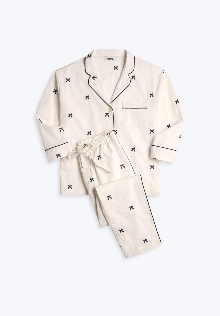 Marina Pajama Set in Navy Embroidered Bows