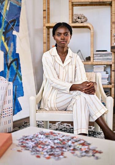 Bishop Pajama Set in Sand & Cream Stripe