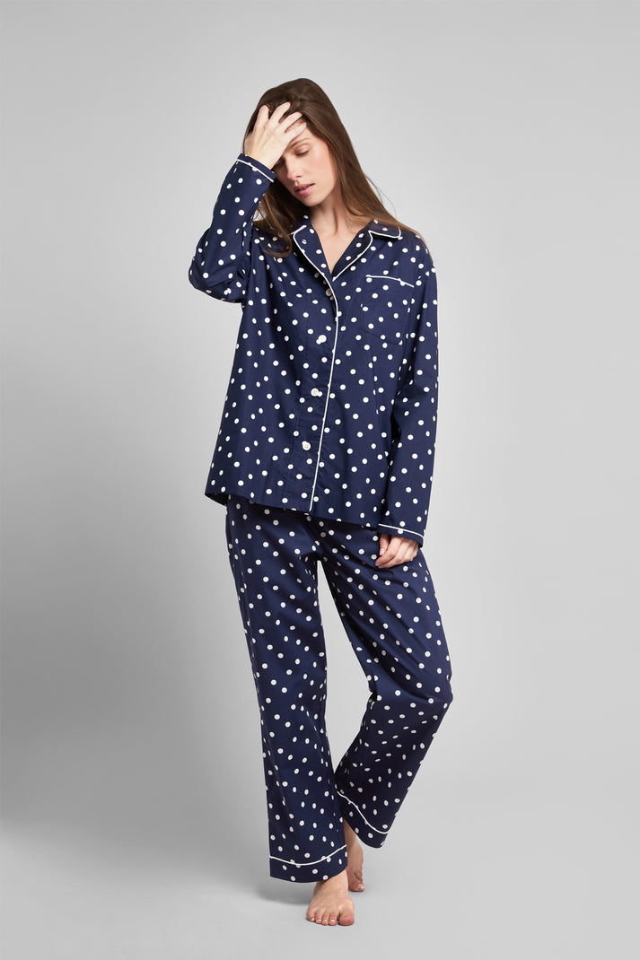 Bishop Pajama Set in Navy Polka Dot