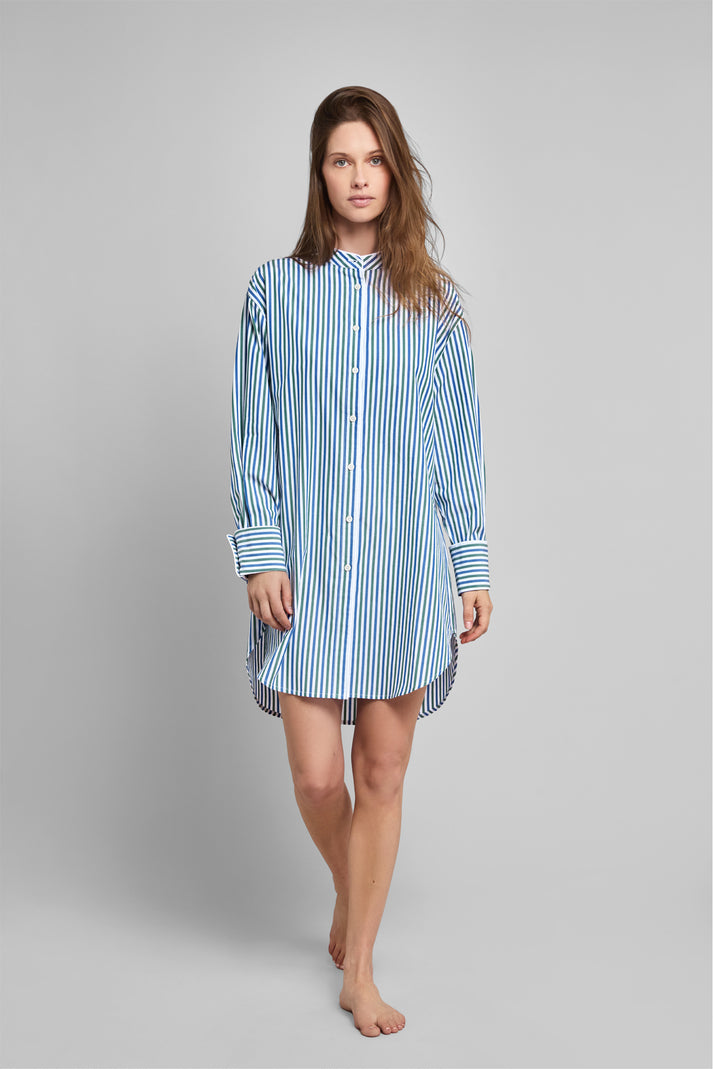 Jo Band Collar Nightdress in Green & Blue Multistripe