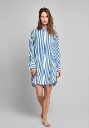 Jo Band Collar Nightdress in Green & Blue Multistripe