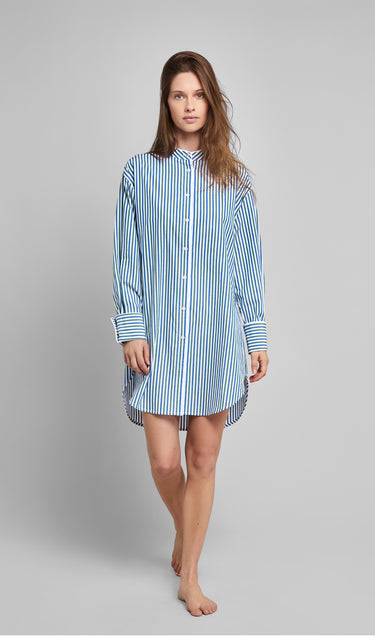 Jo Band Collar Nightdress in Green & Blue Multistripe