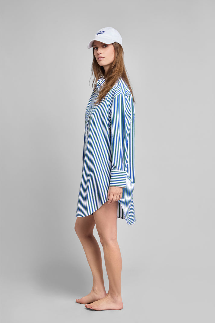 Jo Band Collar Nightdress in Green & Blue Multistripe
