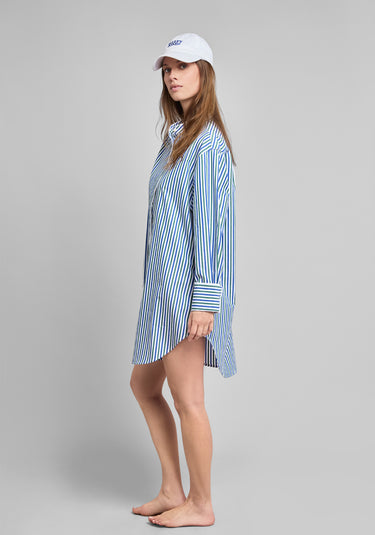 Jo Band Collar Nightdress in Green & Blue Multistripe