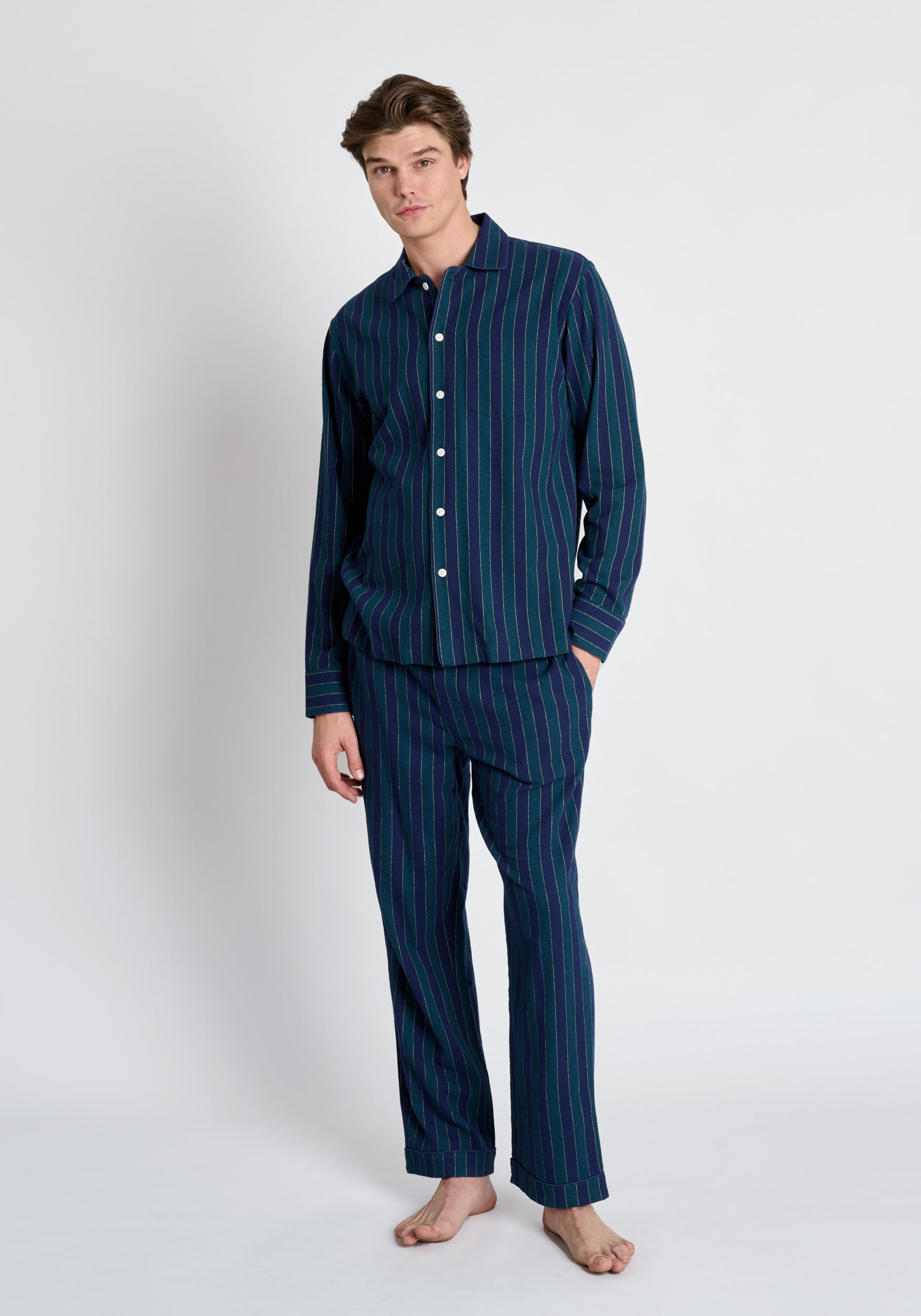 SLEEPY JONES Henry Pajama Set in Green Navy and Gold Flannel