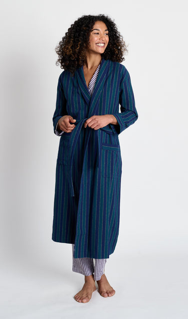 Marianne Long Robe in Green, Navy, and Gold Flannel Stripe