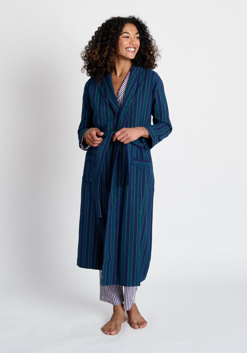 Marianne Long Robe in Green, Navy, and Gold Flannel Stripe