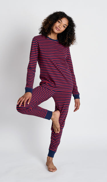 Helen Lounge Set in Navy and Red Stripe Slub Jersey