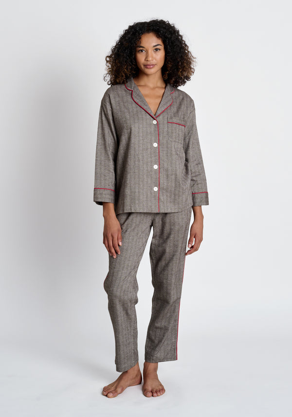 Marina Pajama Set in Brown Herringbone Flannel