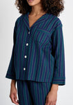 Marina Pajama Set in Green, Navy, and Gold Flannel Stripe