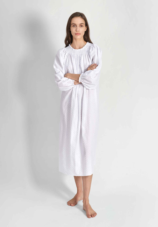 SLEEPY JONES | Eva Long Smocked Dress in White Swiss Dot - Women's Dresses