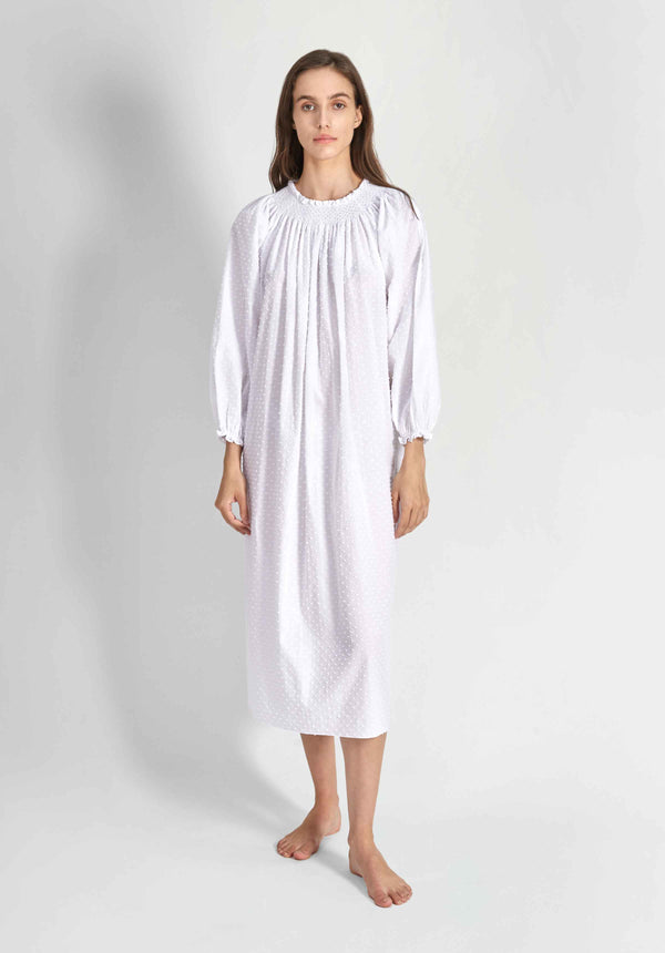 SLEEPY JONES | Eva Long Smocked Dress in White Swiss Dot - Women's Dresses