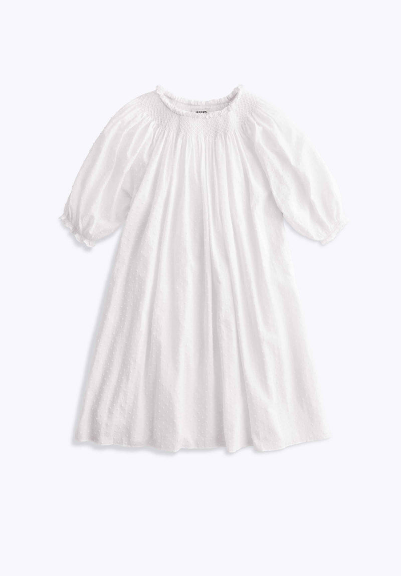 SLEEPY JONES | Eva Short Smocked Dress in White Swiss Dot - Women's Dresses