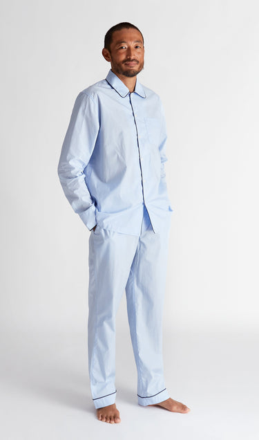 SLEEPY JONES | Henry Pajama Set in End on End Blue with Navy Piping - [product-type]