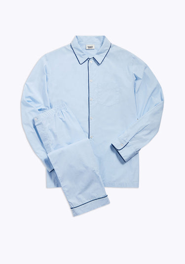 SLEEPY JONES | Henry Pajama Set in End on End Blue with Navy Piping - [product-type]