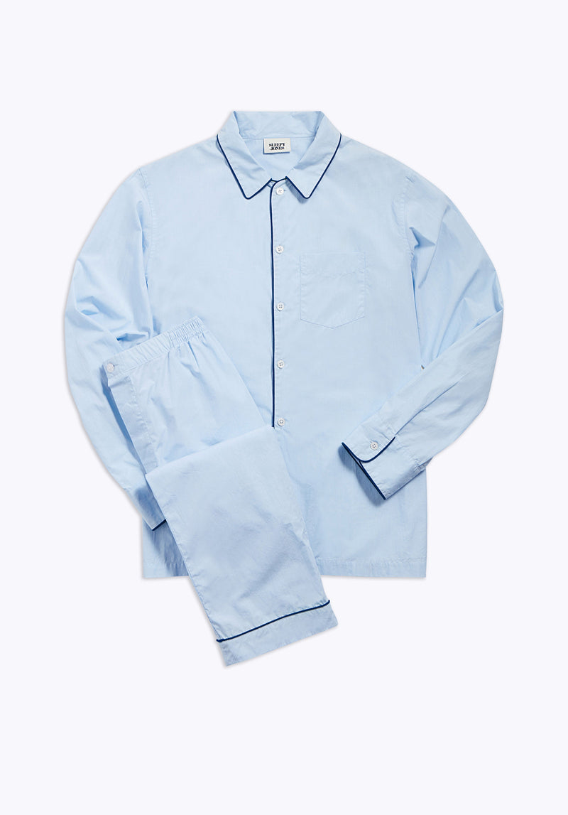 SLEEPY JONES | Henry Pajama Set in End on End Blue with Navy Piping - [product-type]