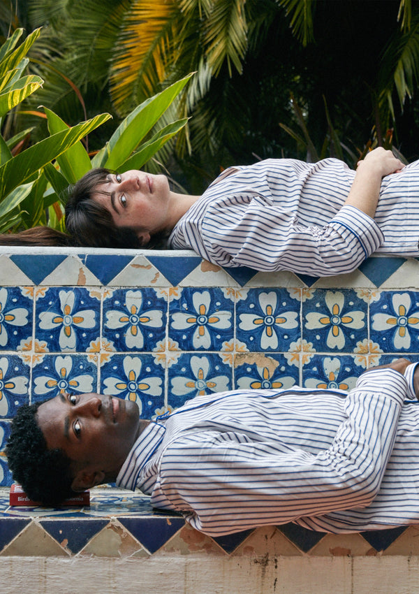 SLEEPY JONES | Marina Pajama Set in Cream, Blue & Red Dual Stripe - Women's Pajama Sets