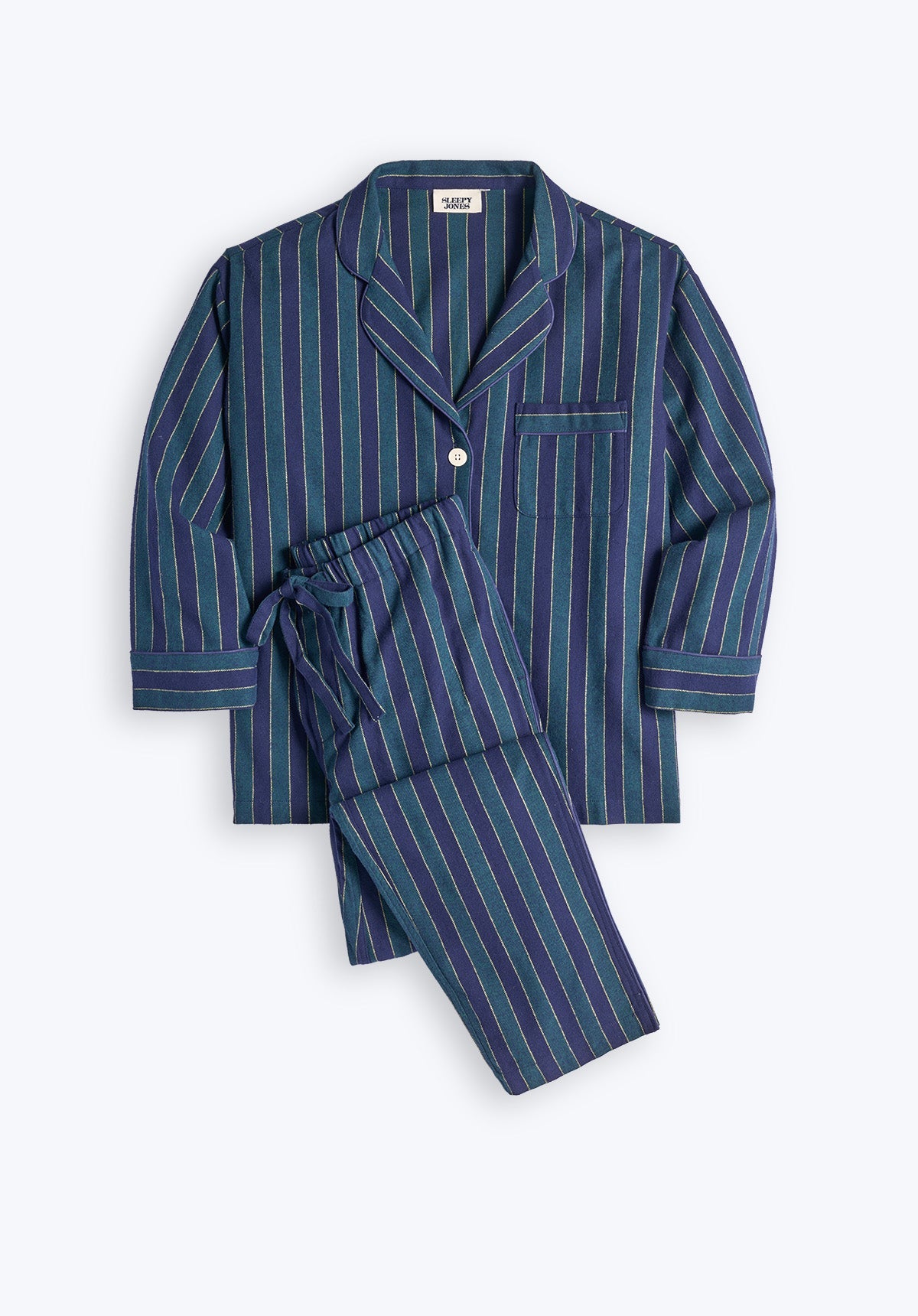 SLEEPY JONES Marina Pajama Set in Green Navy and Gold Flannel Stripe Sleepy Jones