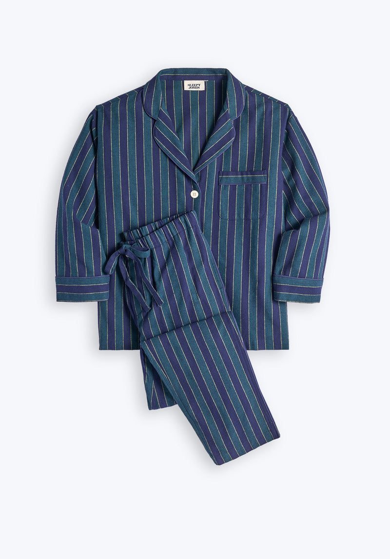 Marina Pajama Set in Green, Navy, and Gold Flannel Stripe
