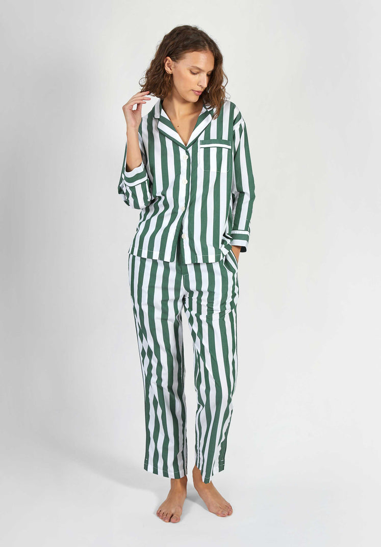 SLEEPY JONES  Marina Pajama Set Green & White Tent Stripe